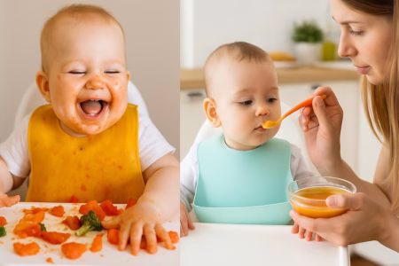 Baby-led weaning vs spoon-feeding comparison – messy happy baby feeding herself vs clean baby being spoon-fed by mom